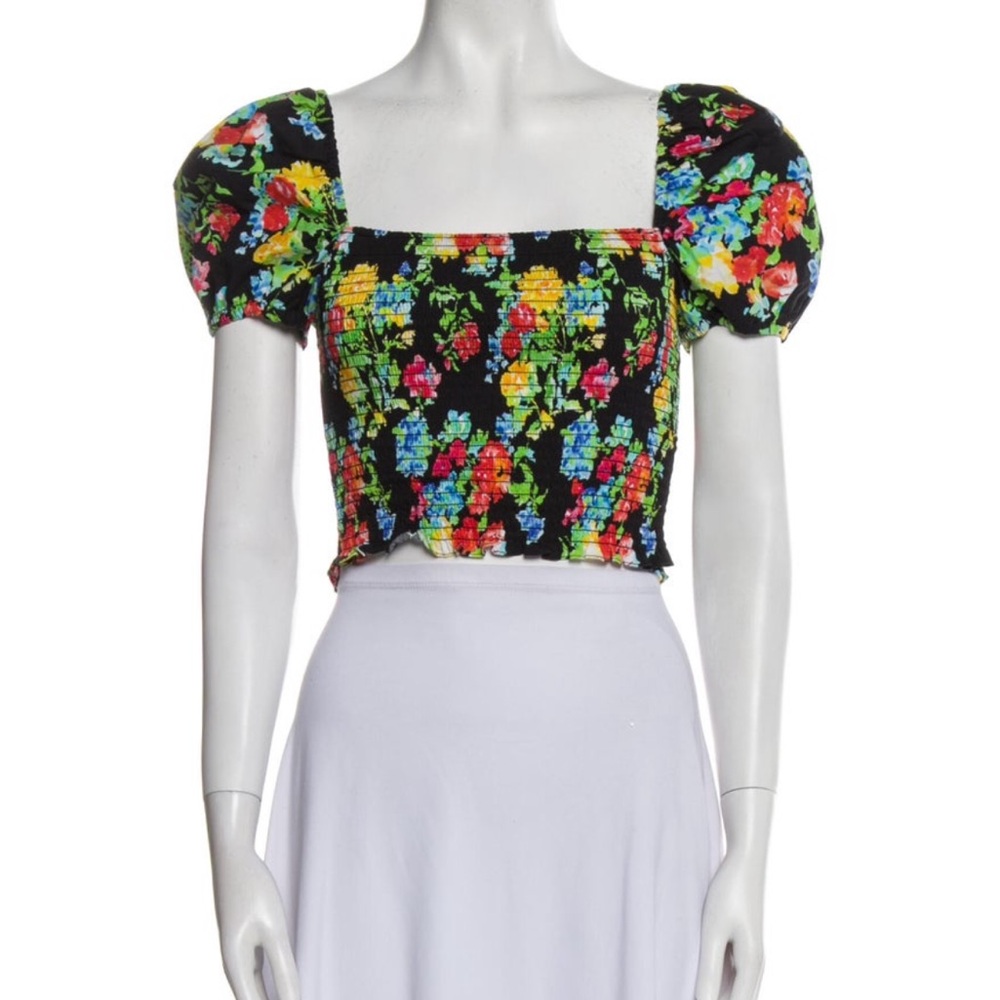 Caroline Constas Floral Crop Top - Black, Red, Yellow, Green